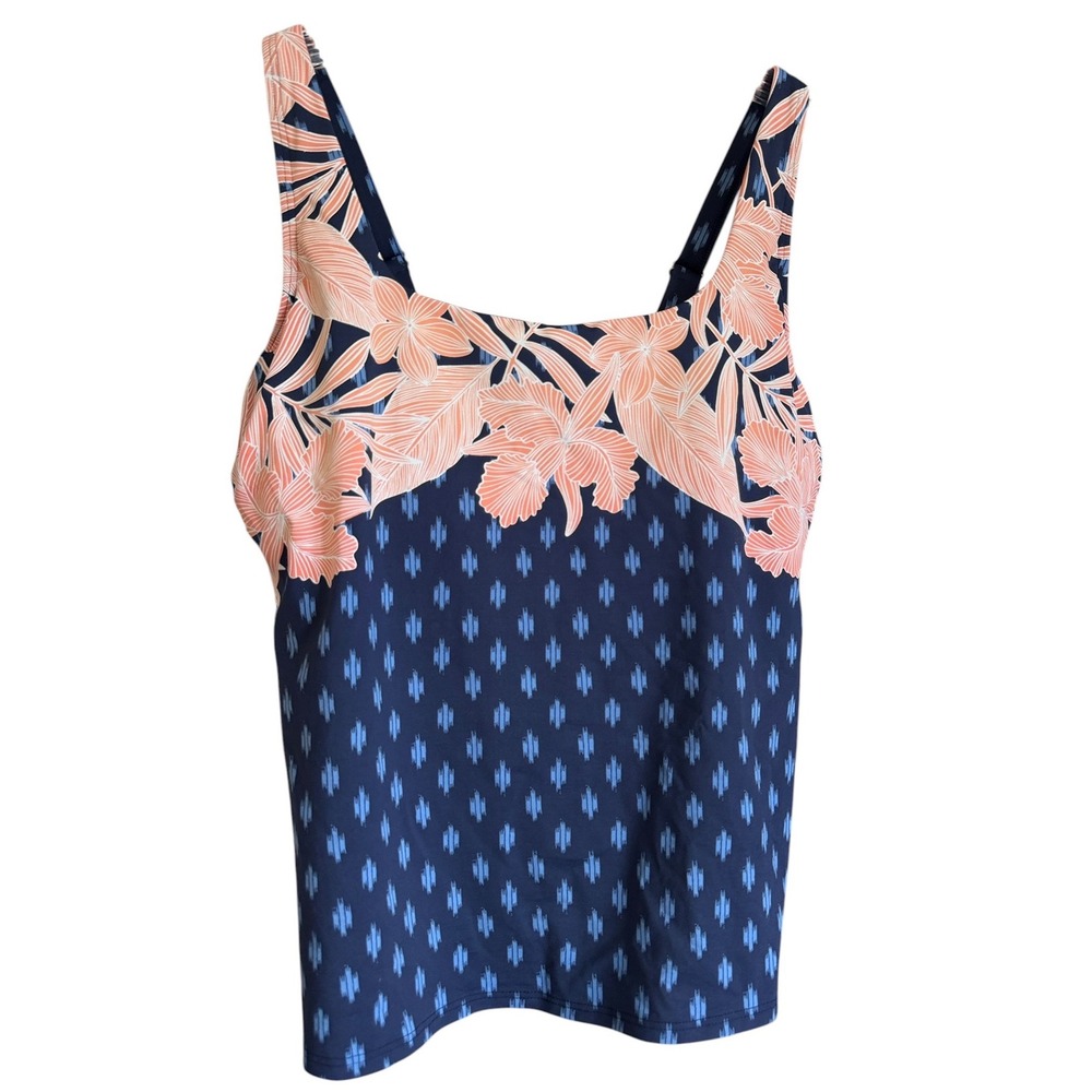 Lands‎ End Womens Navy Blue Floral Ikat Underwire Tankini Top Size 14 D Cup